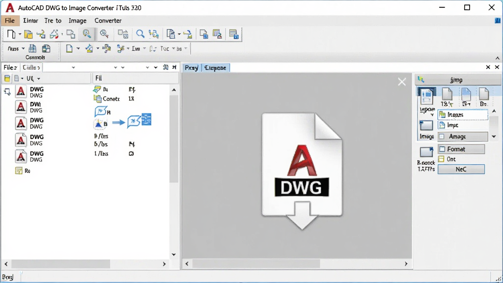 一张展示AutoCAD DWG to Image Converter软件界面的图片,主体为软件操作窗口位于画面中央,布局为上方菜单栏下方文件列表和预览区,排版清晰整齐,风格为现代简约科技风,细节包括DWG文件图标、转换箭头、图片格式选项按钮,画质高清干净无多余元素