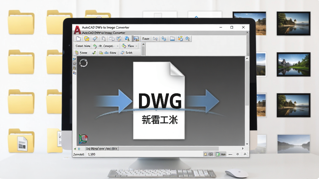 一张展示AutoCAD DWG to Image Converter独立运行的图片,主体为电脑桌面上一款软件窗口正在将DWG文件转换为图片,布局为软件界面居中周围环绕文件夹和图片缩略图,排版清晰,风格为科技简约风,细节包括转换箭头动画效果、无需CAD标识,画质干净无多余元素