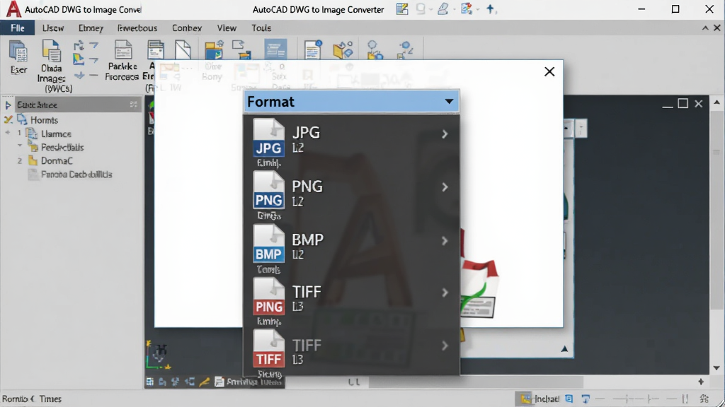 一张展示AutoCAD DWG to Image Converter多格式输出选项的图片,主体为软件界面中格式选择下拉菜单展开状态,布局为居中弹窗式面板,排版简洁,风格为扁平化设计风,细节包括JPG、PNG、BMP、TIFF等格式图标和对应说明文字,画质高清干净无多余元素
