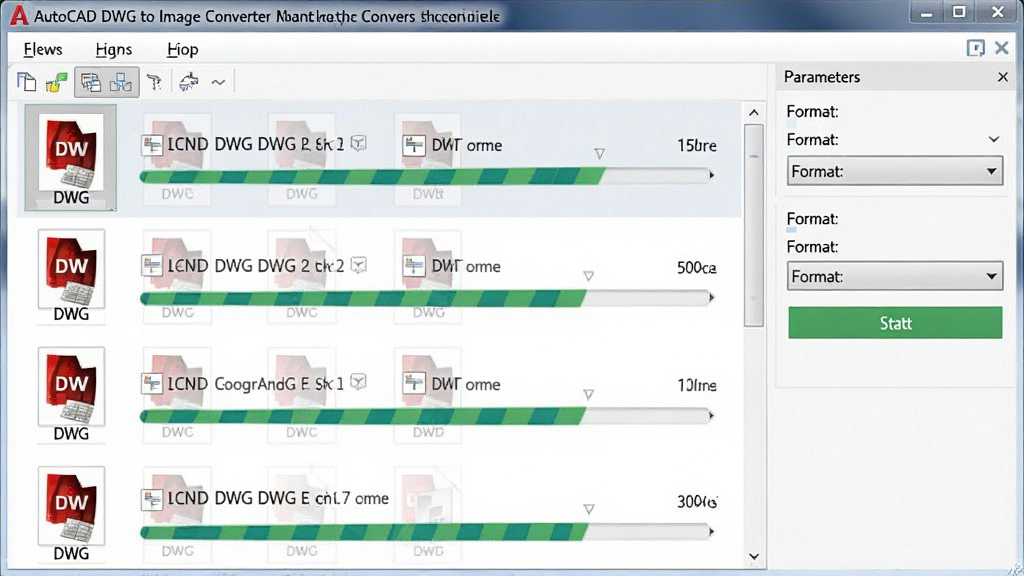 一张展示AutoCAD DWG to Image Converter批量转换功能的图片,主体为多个DWG文件排列在列表中并带有转换进度条,布局为左侧文件列表右侧参数设置面板,排版工整,风格为商务办公风,细节包括文件缩略图、格式下拉菜单、开始转换按钮,画质清晰干净无多余元素