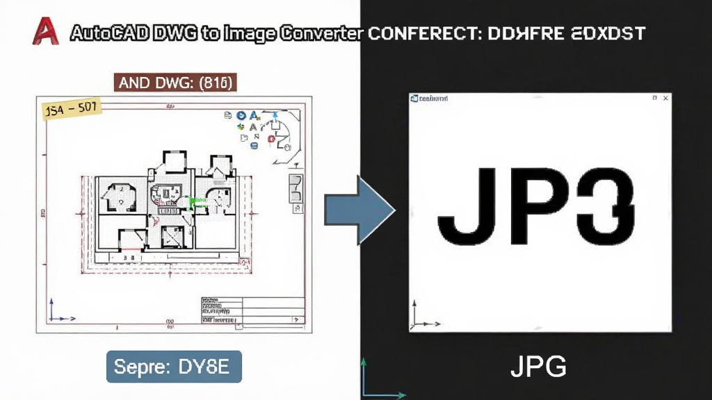 一张展示AutoCAD DWG to Image Converter转换前后对比的图片,主体为左侧DWG图纸右侧转换后的JPG图片,布局为左右对比排列,排版简洁明了,风格为实用教程风,细节包括文件格式标签、转换箭头、分辨率标注,画质高清干净无多余元素