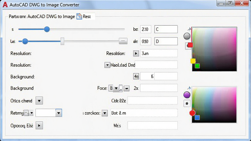 一张展示AutoCAD DWG to Image Converter参数设置界面的图片,主体为软件设置面板中分辨率、色彩、背景等选项,布局为竖向排列的设置项,排版规整,风格为专业工具风,细节包括滑块控件、数值输入框、颜色选择器,画质清晰干净无多余元素