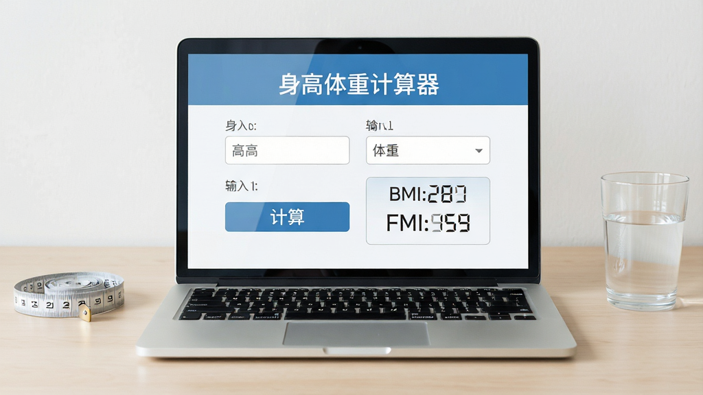 软件全貌展示图,画面中央放置一台打开的笔记本电脑,屏幕中显示“身高体重计算器”软件界面,界面包含身高输入框、体重输入框、计算按钮和BMI结果展示区,背景为干净整洁的浅色书桌环境,桌面摆放一卷软尺和一个水杯,整体布局采用居中构图,风格为现代简约写实风,细节包括屏幕反光自然、按键清晰、数字可辨,画质高清,干净,无多余元素