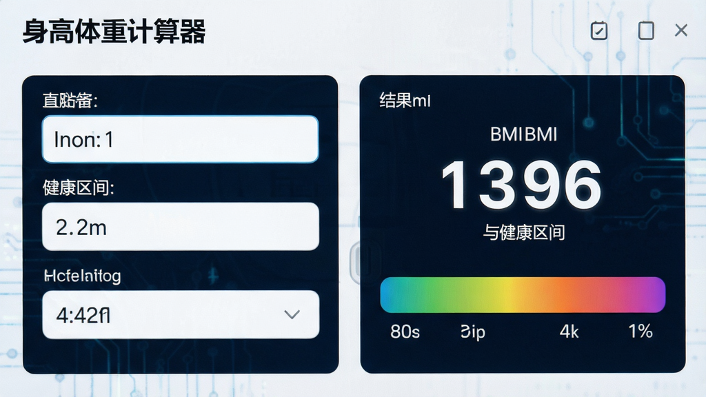 AI生成图片,主体为“身高体重计算器”软件界面特写,布局为左侧输入区、右侧结果区,排版突出BMI数值与健康区间色条,风格为清爽科技风,细节包括数字字体清晰、色条渐变自然、界面无杂乱广告,画质高清,干净,无多余元素
