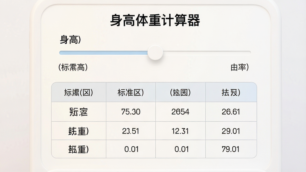 AI生成图片,主体为“身高体重计算器”标准体重参考界面,布局为上方身高滑块、下方标准体重区间表,排版简洁直观,风格为柔和浅色系,细节包括表格线条细腻、数值对齐工整、背景干净,画质高清,干净,无多余元素