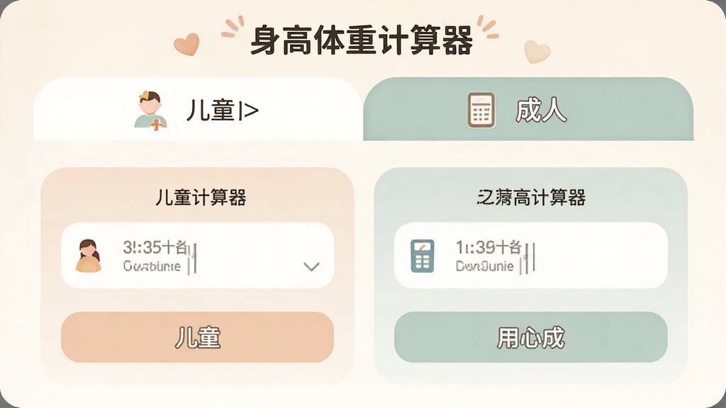 AI生成图片,主体为“身高体重计算器”模式切换界面,布局为顶部儿童与成人两个选项卡,中间为对应输入区,排版左右对称,风格为温馨家庭风,细节包括图标简洁、色彩柔和、文字清晰,画质高清,干净,无多余元素