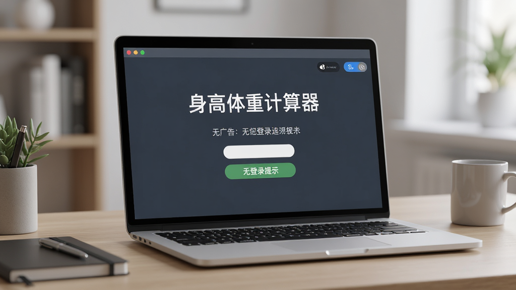 AI生成图片,主体为“身高体重计算器”离线运行场景,布局为一台无网络连接的笔记本电脑,屏幕显示软件主界面,排版突出无广告、无登录提示,风格为安静办公风,细节包括桌面整洁、屏幕内容清晰、背景虚化自然,画质高清,干净,无多余元素