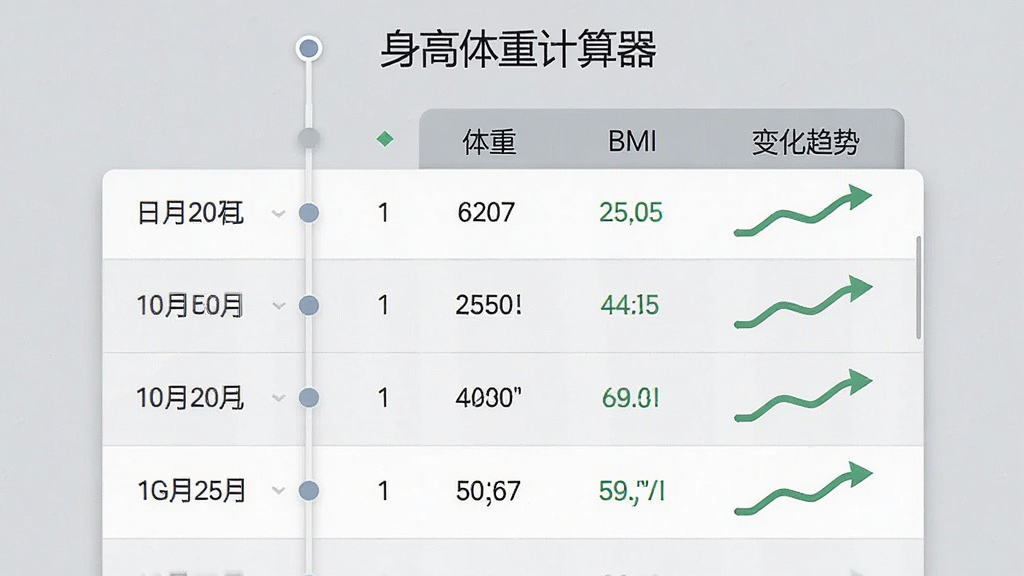 AI生成图片,主体为“身高体重计算器”历史记录页面,布局为纵向时间轴列表,排版展示日期、体重、BMI和变化趋势,风格为简约商务风,细节包括数据行对齐、趋势箭头清晰、背景无干扰,画质高清,干净,无多余元素