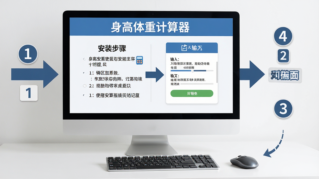 AI生成图片,主体为“身高体重计算器”电脑端使用指南场景,布局为显示器屏幕展示安装步骤与输入界面,旁边放置键盘和鼠标,排版以教程步骤箭头引导,风格为清晰教学风,细节包括步骤数字醒目、界面文字可读、桌面干净,画质高清,干净,无多余元素