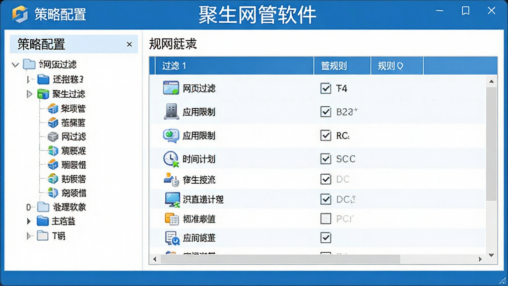 聚生网管软件上网行为管控功能展示,主体为软件界面中的策略配置窗口,布局为左侧分类树、右侧规则勾选列表,排版整洁,风格为清爽商务蓝白配色,细节包含网页过滤、应用限制、时间计划等图标,画面干净,高清画质,屏幕中显示“聚生网管软件”字样