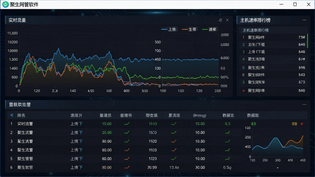 聚生网管软件带宽流量监控界面,主体为实时流量曲线图与主机速率排行榜,布局为上方折线图、下方数据表格,排版直观,风格为深色科技仪表盘风,细节包含上传下载双色曲线、速率数值、排名标签,画面干净,高清画质,屏幕中显示“聚生网管软件”字样