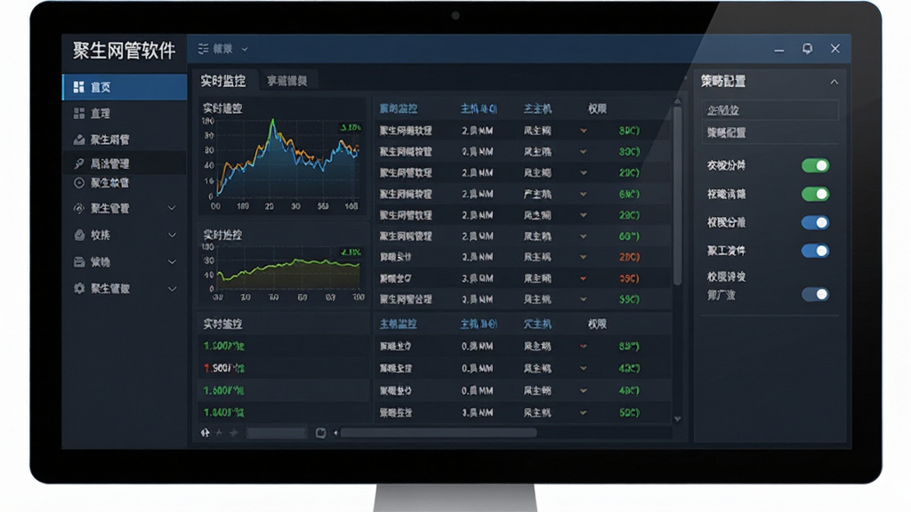 聚生网管软件界面全貌展示,主体为电脑屏幕上运行的局域网管理控制台,布局为左侧功能导航栏、中间实时监控列表、右侧策略配置面板,排版清晰规整,风格为现代商务科技风,细节包含网速曲线、主机列表、权限开关等元素,画面干净无多余元素,高清画质,写实风格,屏幕中显示“聚生网管软件”字样