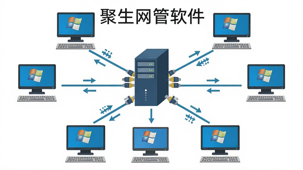 聚生网管软件安装部署示意图,主体为服务器与多台电脑组成的局域网拓扑,布局为中心服务器向四周终端辐射连接,排版简洁,风格为扁平化科技插画风,细节包含网线连接、数据流向箭头、Windows图标,画面干净,高清画质,图中标注“聚生网管软件”字样
