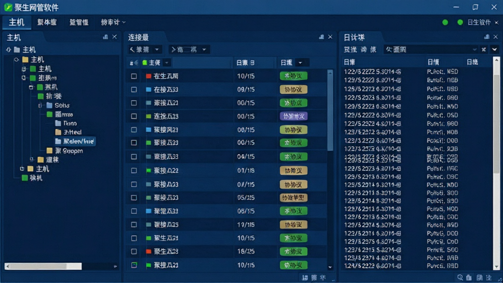 聚生网管软件实时监控与日志审计界面,主体为多窗格监控大屏,布局为左侧主机树、中间连接列表、右侧日志详情,排版信息密集但有序,风格为专业网管软件深蓝风格,细节包含在线状态指示灯、时间戳、协议类型标签,画面干净,高清画质,屏幕中显示“聚生网管软件”字样
