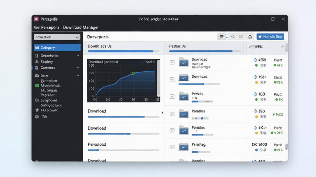 һ��չʾ Persepolis Download Manager �����������ͼƬ������Ϊ��������ռ�ݻ������룬��������չʾ�����˵����������ർ�����Ҳ����������б����Ű��������򣬷��Ϊ�ִ���Լ�Ƽ��磬ϸ�ڰ�����ɫ�����������������ٶ�����ͼ���ļ�ͼ����״̬��ʶ������Ϊ����4K���ɾ��޶���Ԫ�ء�����Ϊǳɫ���䡣