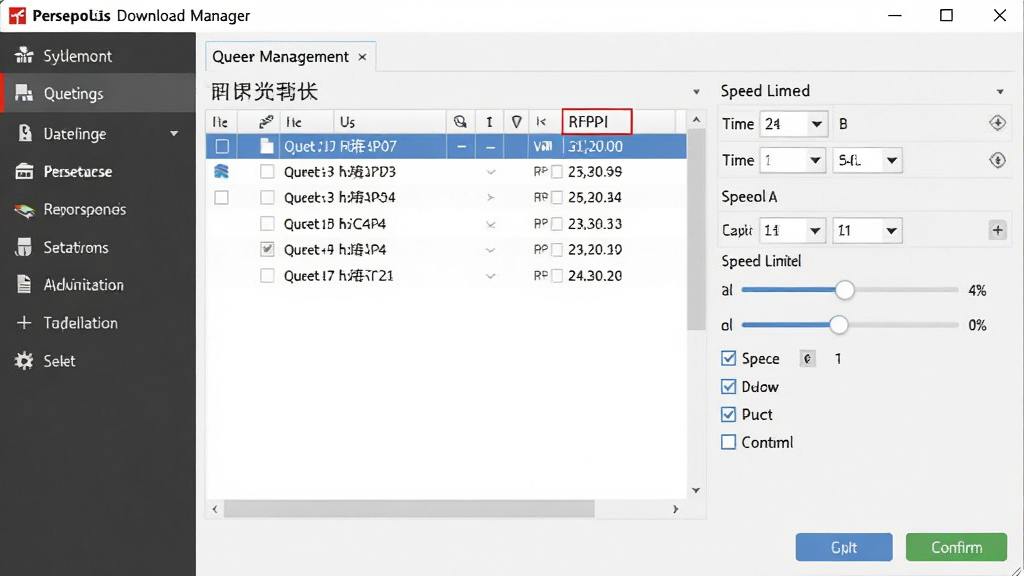 һ�� Persepolis Download Manager ���й�����ƻ��������ý����ͼƬ������Ϊ�������ô��ڣ�����չʾ��๦�ܲ˵����Ҳ���ϸ������壬�Ű���������Ϊרҵ�����������ϸ�ڰ��������б���ʱ��ѡ�������ٶ����ƻ��顢��ѡ����ȷ�ϰ�ť������Ϊ���塢�ɾ����޶���Ԫ�ء�����Ϊ��ɫǳ�ҡ�