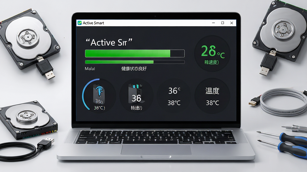 主体是一台打开的笔记本电脑,屏幕上显示着 Active Smart 软件的硬盘健康监测界面,界面中有绿色的健康状态指示条和温度、转速等数据面板;布局采用居中构图,软件界面占据画面主体,周围环绕着硬盘、数据线、螺丝刀等电脑维修工具;排版简洁清晰,软件界面文字加引号标注