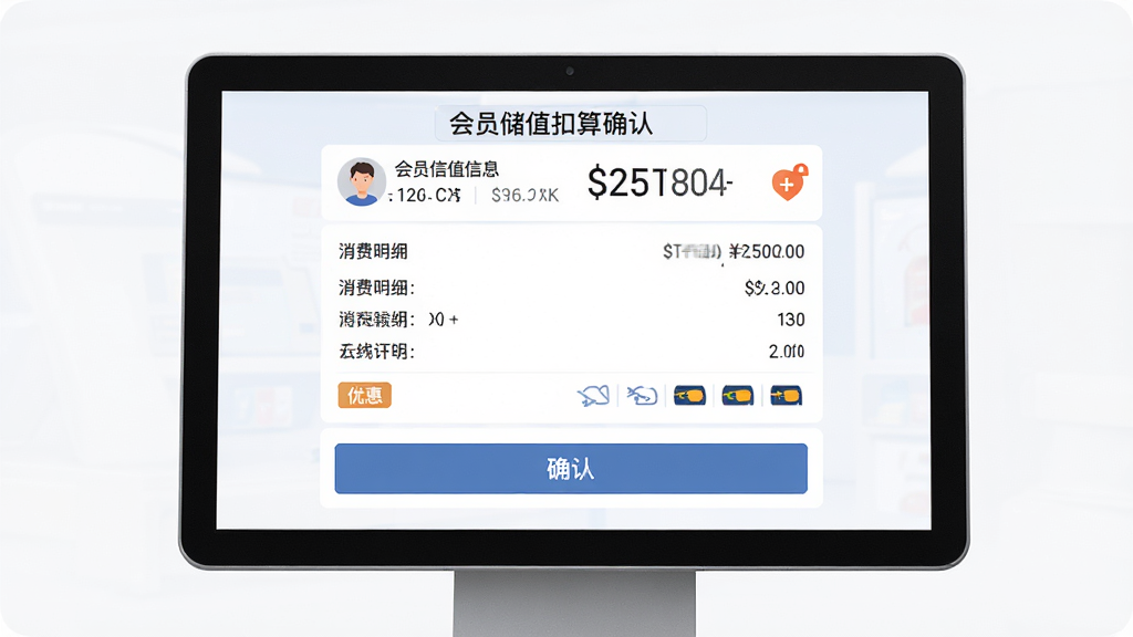储值与消费结算功能展示,主体为收银台电脑屏幕显示会员储值扣费确认页面,布局上方为会员基本信息、中部为消费明细、下方为确认按钮,排版简洁直观,风格为现代扁平化设计,细节包含金额数字、优惠标签、支付方式图标,画质高清干净无多余元素