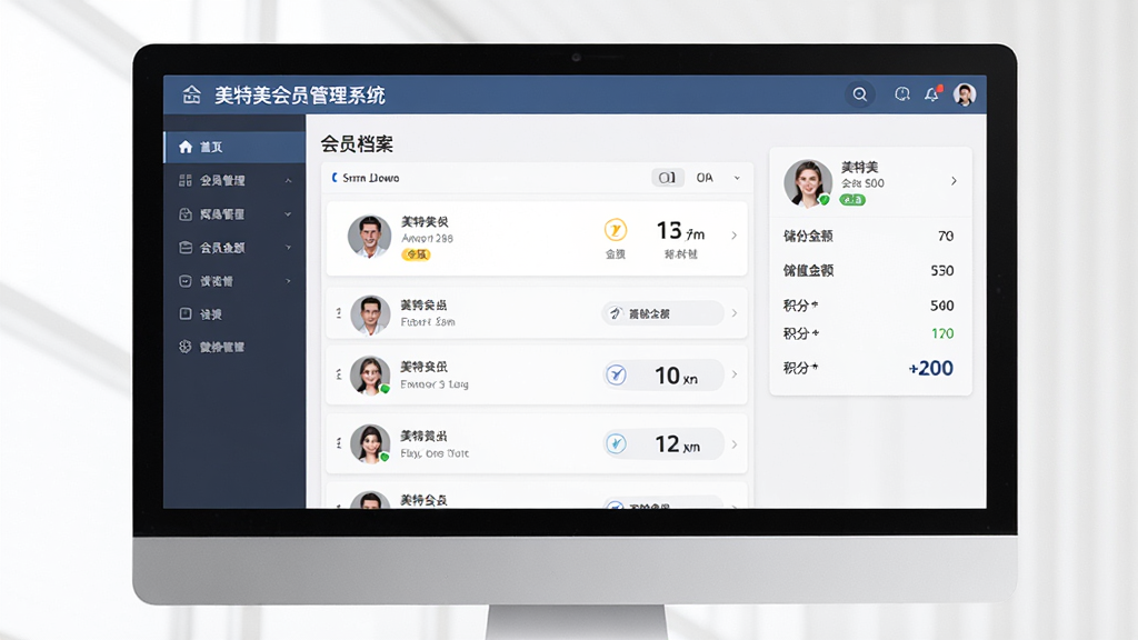 美特美会员管理系统 网络版会员信息管理界面,主体为电脑屏幕展示会员档案列表,布局左侧为导航菜单、右侧为会员详情面板,排版采用卡片式信息展示,风格为清爽商务风,细节包含会员头像、等级标签、储值金额、积分数字,画质高清干净无多余元素