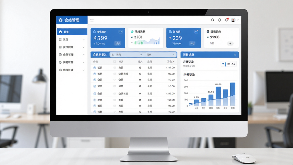 美特美会员管理系统 网络版软件界面全貌展示,主体为电脑屏幕中显示的会员管理后台,布局包含左侧功能菜单栏、顶部数据概览卡片、中部会员列表与消费记录图表,排版整齐清晰,风格为现代商务简约风,细节上体现蓝色主色调、白色背景、图标精致,画质高清干净无多余元素