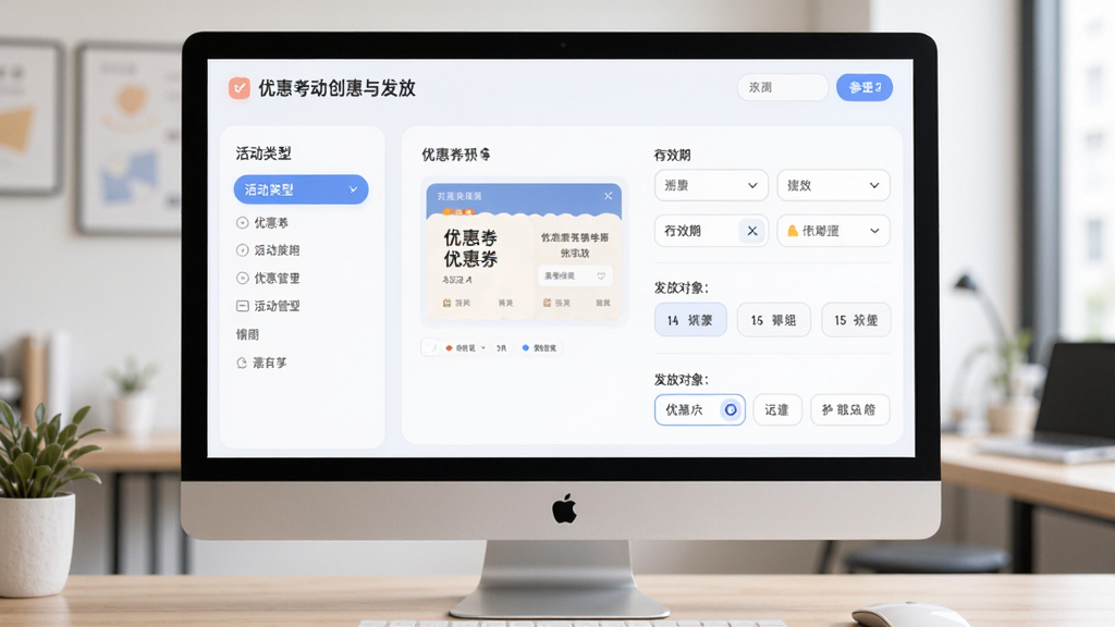 营销活动与优惠券管理界面,主体为电脑屏幕展示优惠券创建与发放页面,布局左侧为活动类型选择、右侧为参数设置表单,排版清晰有序,风格为柔和圆角商务风,细节包含优惠券样式预览、有效期选择器、发放对象筛选,画质高清干净无多余元素