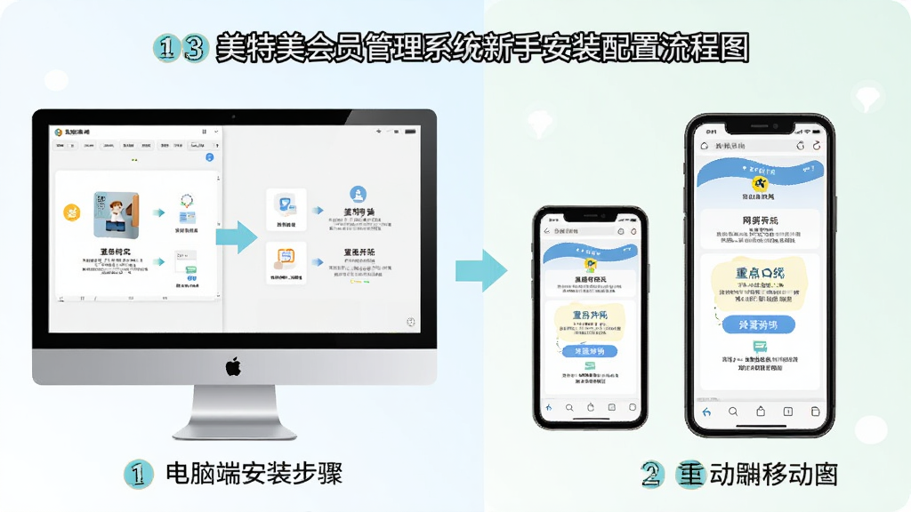 美特美会员管理系统 网络版新手安装配置流程图,主体为电脑屏幕与手机屏幕并列展示,布局左侧为电脑端安装步骤截图、右侧为移动端浏览器访问界面,排版采用左右对照形式,风格为清新浅色教程风,细节包含步骤序号、箭头指引、重点文字标注,画质高清干净无多余元素