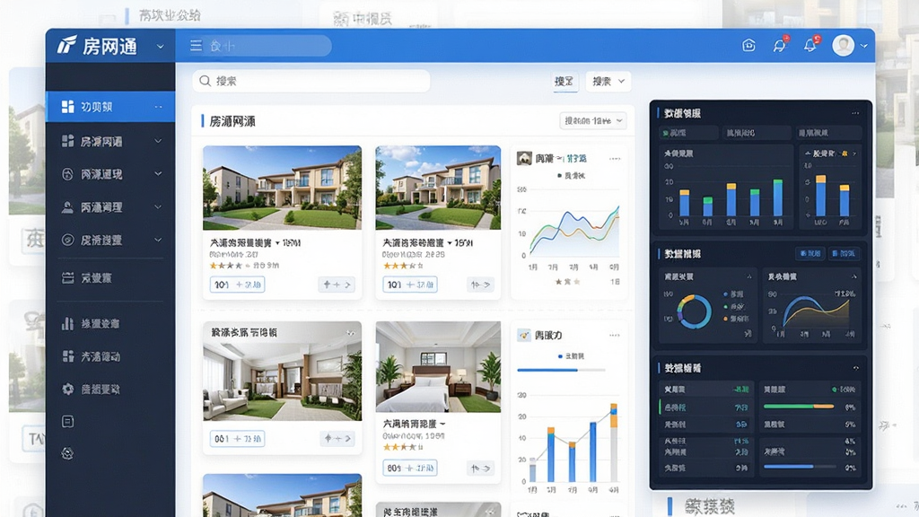 一张展示房网通软件主界面的产品截图风格图片,画面中央是房网通软件操作界面,左侧为功能导航栏,右侧为房源列表与数据看板,界面配色以蓝白为主,整体布局清晰整洁,风格为现代商务扁平化设计,细节包含房源卡片、数据图表、搜索框等元素,画质高清,画面干净,无多余装饰元素