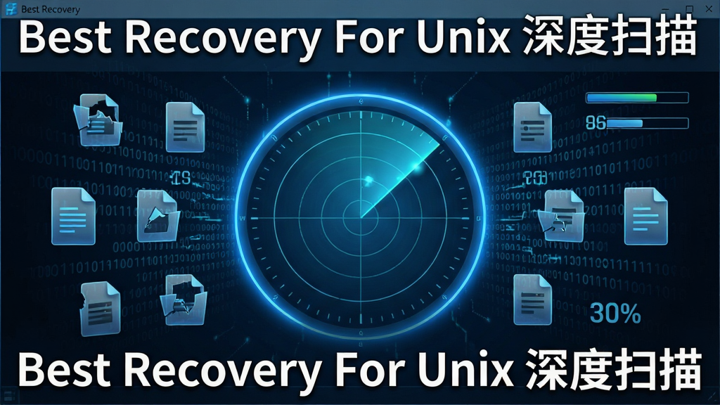 һ��չʾBest Recovery For Unix���ɨ�蹦�ܵ�AI��ͼ������Ϊ����ɨ����棬����Ϊ����Բ��ɨ���״ﶯ������Χ�����ļ���Ƭͼ�꣬�Ű�Ϊ���ҶԳƣ����Ϊ�߿Ƽ���������ϸ�ڰ�����ɫ���Ρ������ƴ���ͽ��Ȱٷֱȣ�����ɾ�������Ϊ���壬ͼƬ�д������֡�Best Recovery For Unix ���ɨ�衱