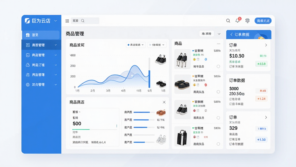 一张展示巨为云店软件主界面的场景图,画面中央是整洁的店铺管理仪表盘,左侧为功能导航栏,右侧显示商品列表与订单数据卡片,整体采用蓝白配色,风格简洁现代,细节清晰,画质干净,无多余元素