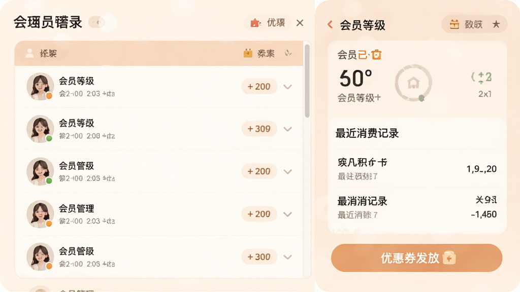 一张会员管理界面图,画面左侧为会员列表,右侧显示会员等级、积分与最近消费记录,底部有优惠券发放按钮,风格温馨,配色柔和,画质干净,无多余元素