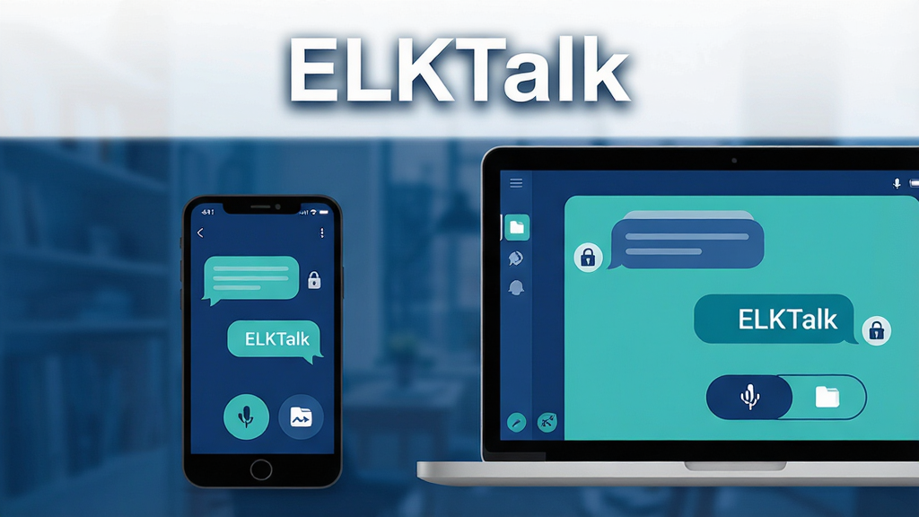 画面中央放置一部智能手机和一台笔记本电脑,屏幕中显示 ELKTalk 聊天界面,界面包含对话气泡、语音按钮与文件传输图标;布局采用左右对称的桌面场景,手机在左、电脑在右;排版简洁,上方留白处用白色无衬线字体写着“ELKTalk”;风格为现代扁平化科技风,主色调为深蓝与青绿;细节包括聊天气泡的圆角、锁形加密图标、同步箭头;画质 4K 清晰,画面干净,无多余元素