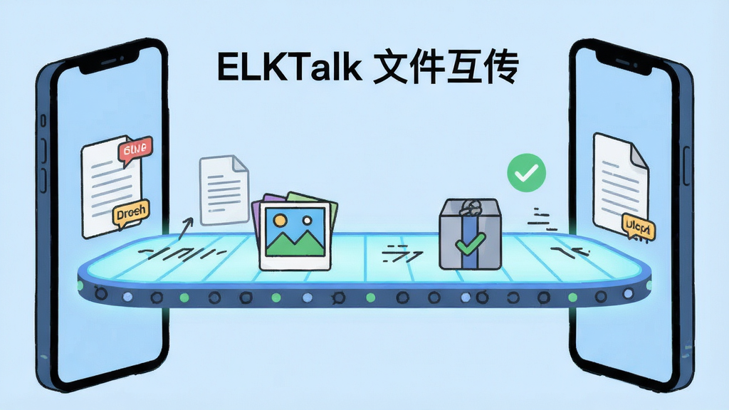 画面主体是两部手机,屏幕之间有一条发光的传送带,传送带上放着文档、图片和压缩包图标;布局为左右对称,传送带横跨中间;排版上方写“ELKTalk 文件互传”;风格为扁平化趣味插画,浅蓝背景;细节包括文件图标上的格式标签、速度线、完成对勾;画质清晰,画面干净,无多余元素