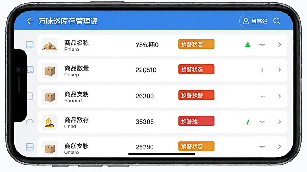 万味巡库存管理界面,手机屏幕显示商品库存列表,每项商品配有名称、当前数量、预警状态,部分商品标注红色预警提示,界面风格清爽,蓝白主色调,排版整齐,高清画质,无多余装饰元素