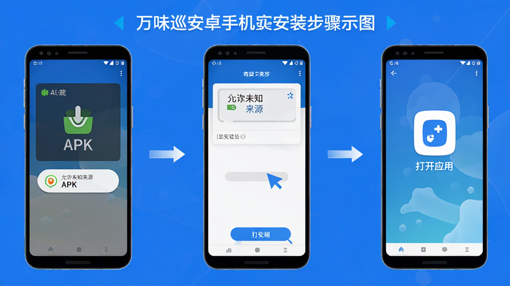 万味巡安卓手机安装步骤示意图,画面展示手机屏幕从下载APK到安装完成的流程,包含允许未知来源、点击安装、打开应用三个步骤,界面简洁,蓝色调为主,排版清晰,高清画质,无多余元素