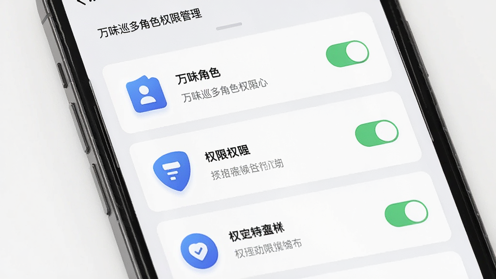 万味巡多角色权限管理界面,手机屏幕显示角色列表与权限开关选项,每个角色配有图标与权限说明,界面采用卡片式布局,浅色背景,文字清晰,风格商务简洁,高清画质,干净整齐