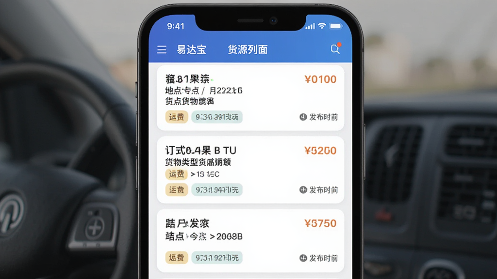 易达宝司机应用中的货源列表页面展示,主体是手机屏幕显示多条货运订单信息,布局为手机正面居中展示,排版采用列表式信息流,风格为扁平化UI设计,细节包括订单起点终点、货物类型、运费价格、发布时间等标签,画质高清干净无多余元素