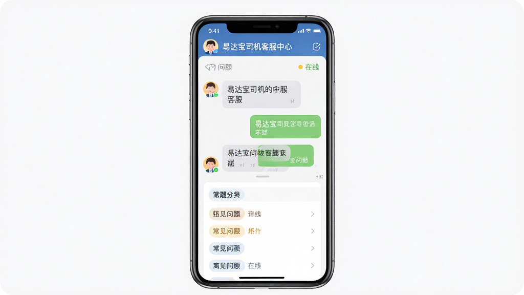 易达宝司机客服中心界面展示,主体是手机屏幕显示在线客服对话窗口与常见问题列表,布局为手机正面居中展示,排版采用对话气泡与列表混合布局,风格为友好亲和的UI设计,细节包括客服头像、对话内容、问题分类标签、在线状态指示,画质高清干净无多余元素