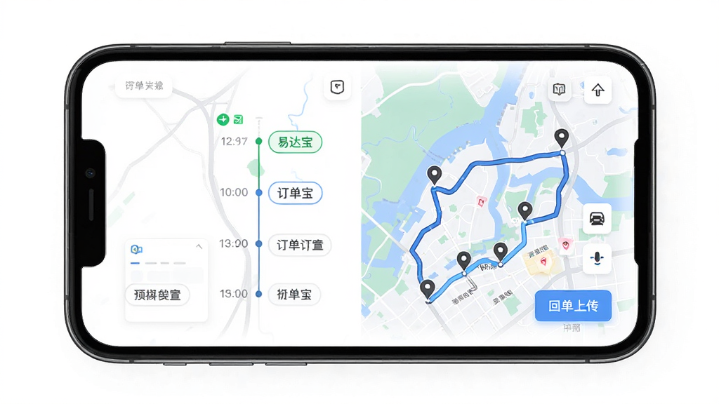 易达宝司机订单管理界面展示,主体是手机屏幕显示订单跟踪时间轴与地图轨迹,布局为手机正面居中展示,排版采用时间轴与地图上下分栏,风格为现代简约UI设计,细节包括订单状态图标、运输轨迹路线、时间节点标注、回单上传按钮,画质高清干净无多余元素