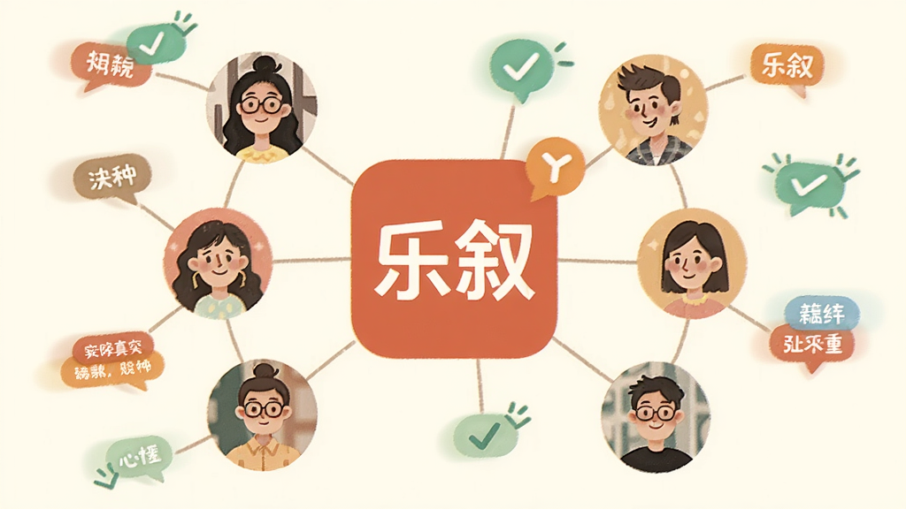 一幅表现乐叙真实社交匹配功能的插画,画面中央是乐叙软件标志,周围有多个不同风格的用户头像通过线条连接,布局呈放射状,风格温暖友好,细节包括兴趣标签气泡和匹配成功的提示图标,画质清晰干净,无多余元素