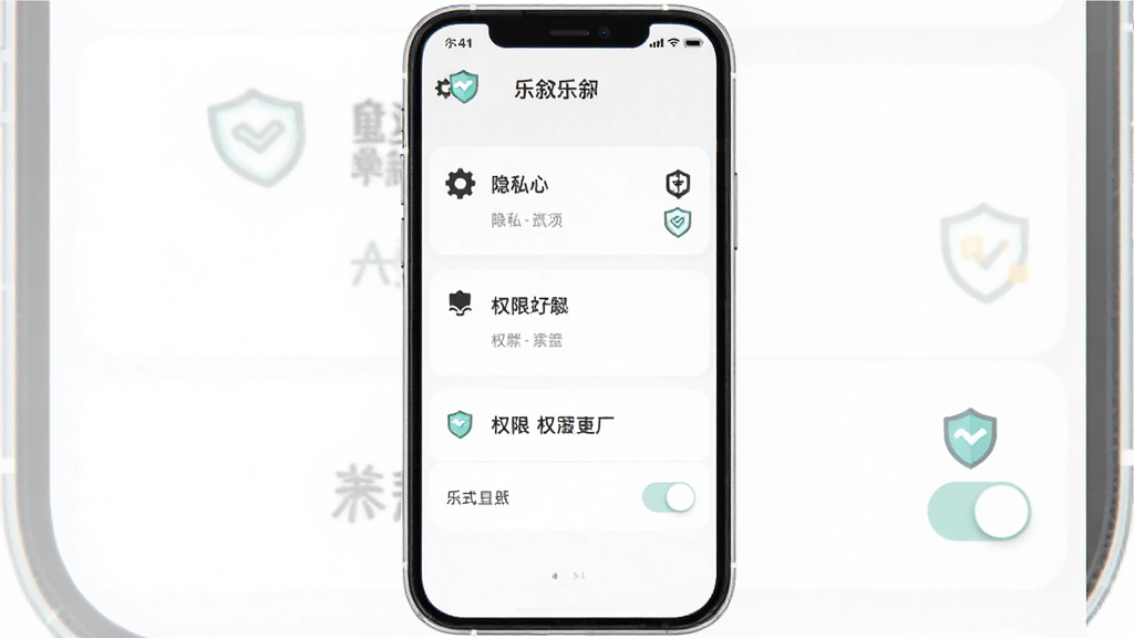 一幅展示乐叙新手操作界面的示意图,画面主体为手机屏幕显示乐叙的设置页面,有隐私选项和权限开关,布局为纵向列表式,风格简洁清晰,细节包括齿轮图标和盾牌安全符号,画质清晰干净,无多余元素