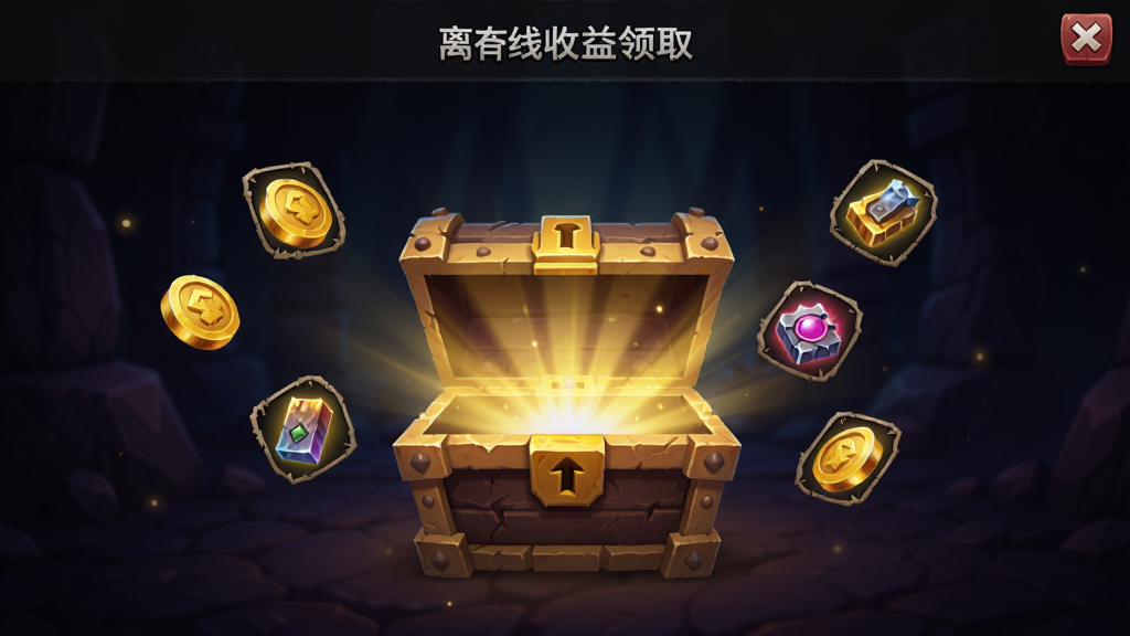 黑暗破坏王离线收益领取界面,画面中一个宝箱打开散发金光,周围飘浮金币与材料图标,背景为暗色渐变,界面简洁,游戏UI风格,高清画质