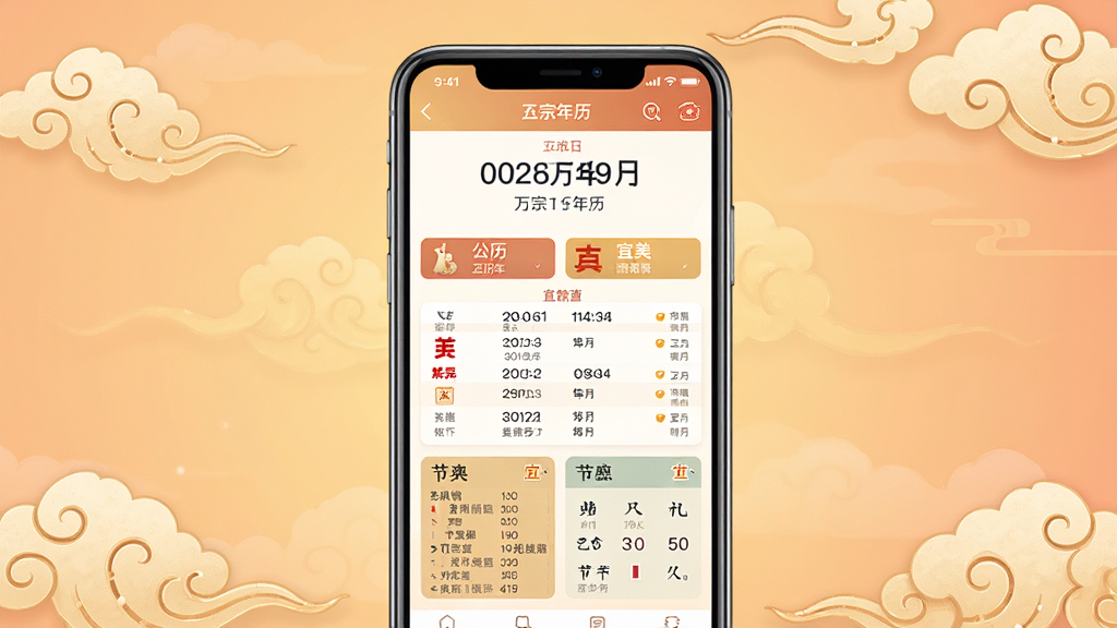 万宗万年历软件主界面预览图,画面中央展示一部智能手机,屏幕内呈现日历查询界面,包含公历农历日期、宜忌事项列表、节气信息,背景为柔和的暖色调渐变,四周环绕传统中式祥云纹样装饰,整体风格简洁典雅,画质清晰干净,无多余元素