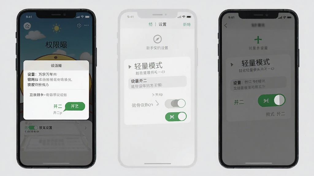 万宗万年历新手安装设置步骤示意图,画面展示手机屏幕内呈现权限设置与轻量模式开关界面,背景为浅灰色,风格简洁直观,画质清晰干净,无多余元素