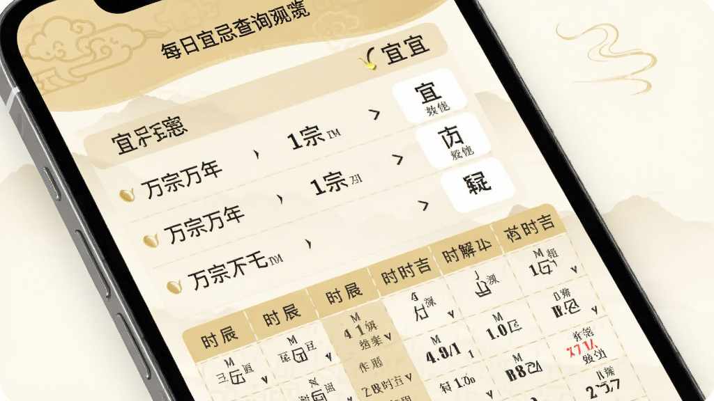 万宗万年历每日宜忌查询界面预览图,画面展示手机屏幕内呈现宜忌列表和时辰吉凶表格,背景为淡金色与米白色搭配,风格传统而现代,画质清晰干净,无多余元素