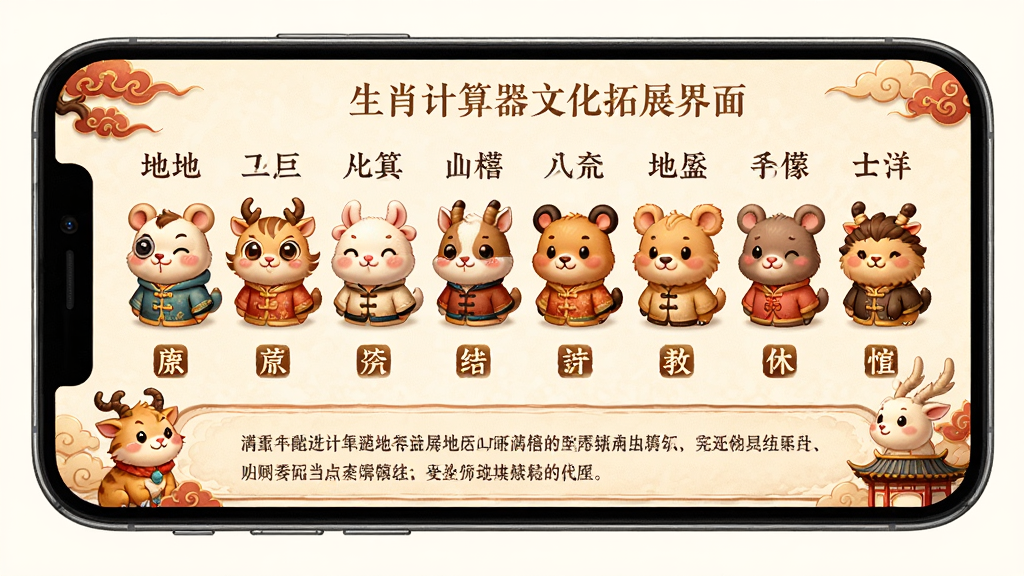 ��Ф�������Ļ���չ���棬����չʾһ���ֻ���Ļ����Ļ�ڳ���ʮ����Ф�Ŀ�ͨ�����ų�һ�ţ�ÿ����Ф�Ա߱�ע�Ŷ�Ӧ�ĵ�֧���������ԣ��·������ֽ����������������й���廭��ɫ����ů��г��ϸ������Ф�����¿ɰ������ʸ��壬�ɾ����޶���Ԫ��