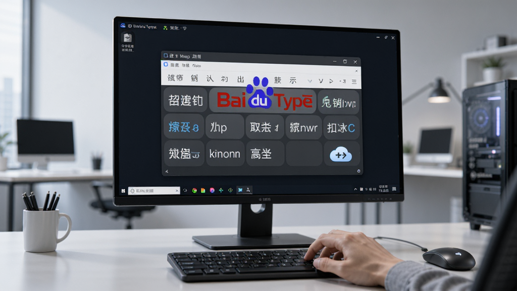 一个现代化的电脑桌面场景,屏幕中央显示着百度输入法(Baidu Type)的候选词界面,键盘上手指正在敲击,背景是简洁的办公环境,风格为写实科技风,细节包括输入法状态栏、云输入提示图标,画质高清,干净,无多余元素