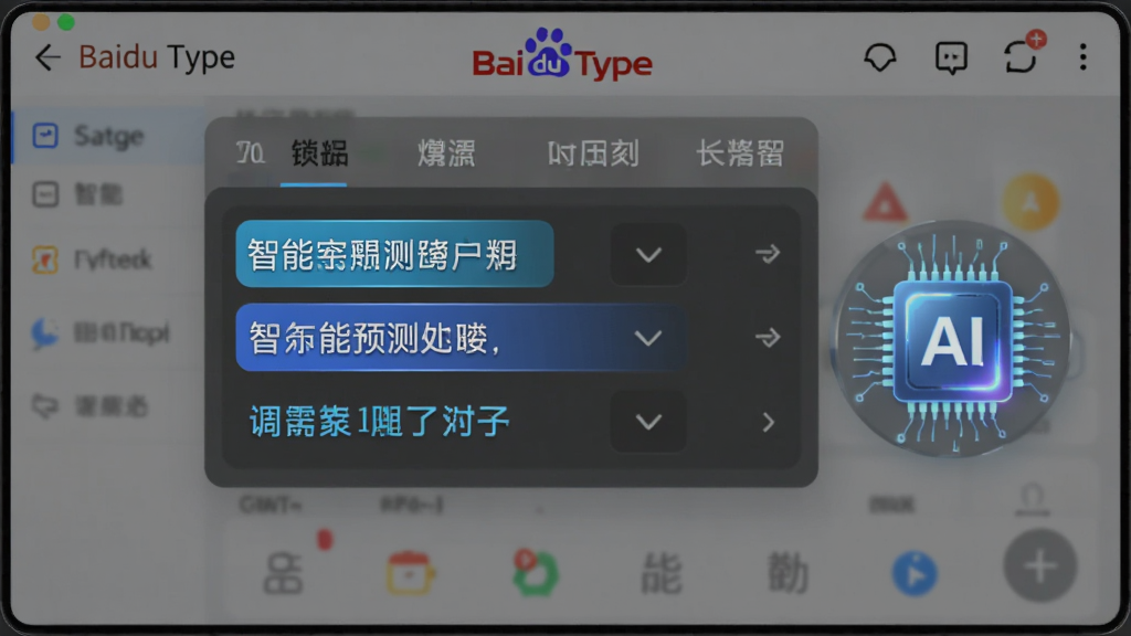 一个展示AI智能预测功能的界面,屏幕中显示着百度输入法(Baidu Type)的候选栏,上面有整句预测的候选词,旁边有发光的AI芯片图标,风格为未来科技感,布局为居中展示,细节包括候选词高亮、智能图标,画质高清,干净,无多余元素