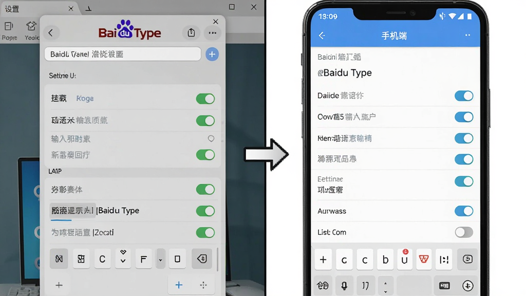 一个分屏对比图,左侧是电脑端百度输入法(Baidu Type)的设置界面,右侧是手机端百度输入法的设置界面,中间有箭头连接,风格为简洁明了,布局为左右对比,细节包括设置选项、开关按钮,画质高清,干净,无多余元素