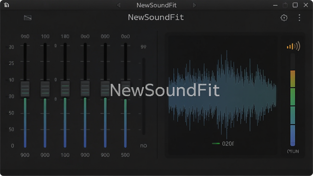 软件主界面预览图,画面中央是NewSoundFit的音频调节面板,左侧显示均衡器频段滑块,右侧是实时波形与音量指示,整体采用深色科技风配色,布局干净整洁,屏幕中显示文字