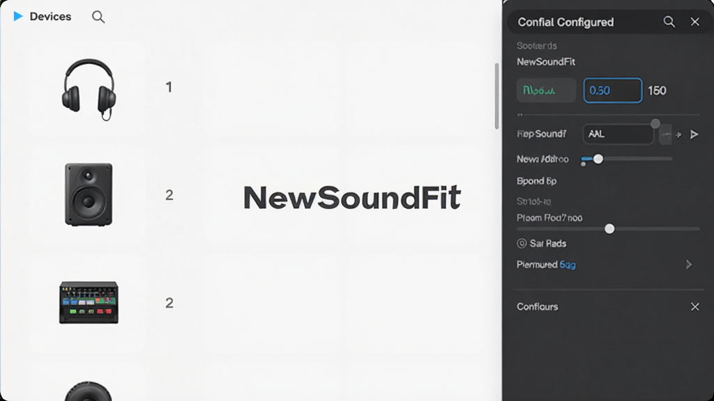 设备管理设置界面,画面展示NewSoundFit的设备列表与配置保存面板,左侧列出耳机、音箱、声卡等设备图标,右侧显示对应参数,界面风格简约现代,屏幕中显示文字